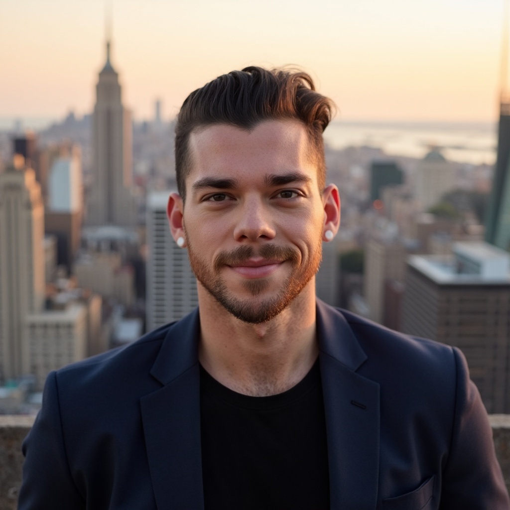 A man with a beard and mustache standing in front of the city.